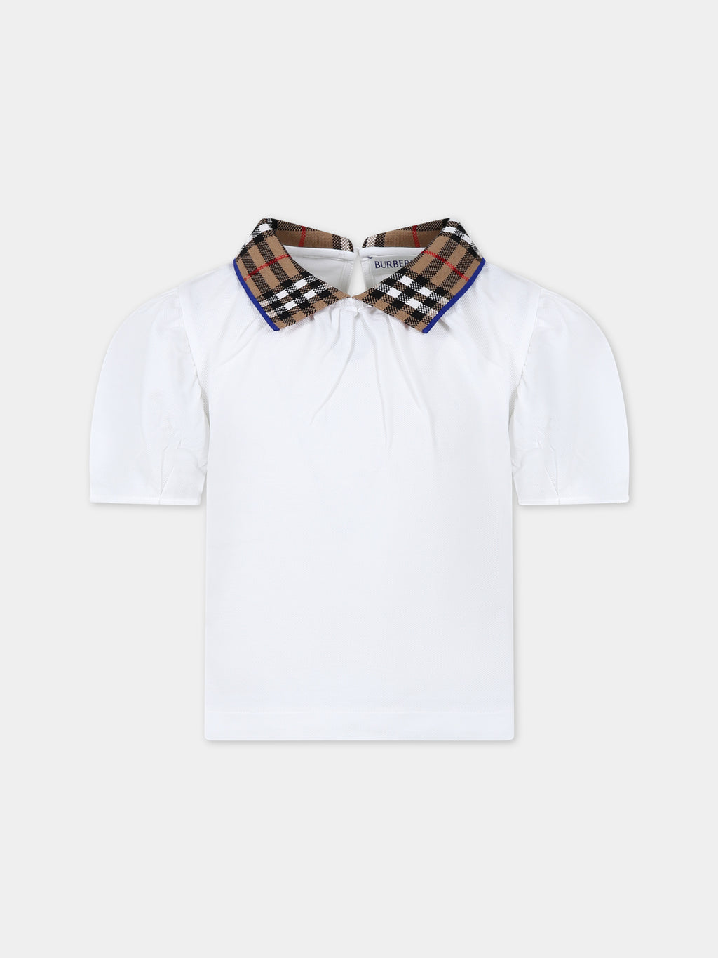 White t-shirt for girl with vintage check on the collar